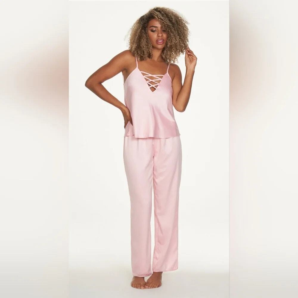 NWT Frederick's of Hollywood Summer Lattice Pink Satin Pajama Set Women's Medium